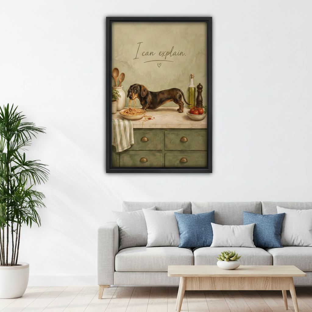 Framed vintage-style dachshund and pasta canvas print hung above a grey sofa in a Scandinavian living room, featuring the I Can Explain quote and sage green dresser scene