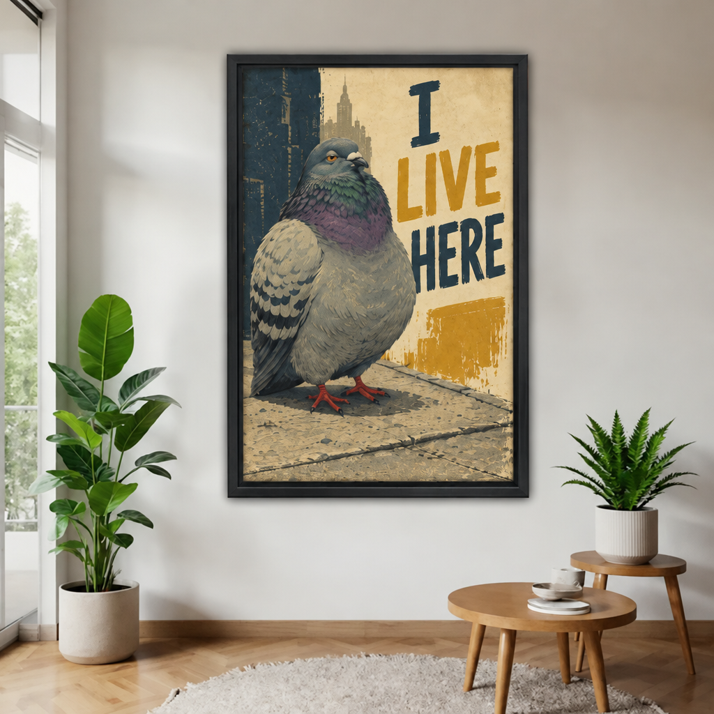 I Live Here pigeon canvas wall art in a black frame between potted plants beside small wooden tables.