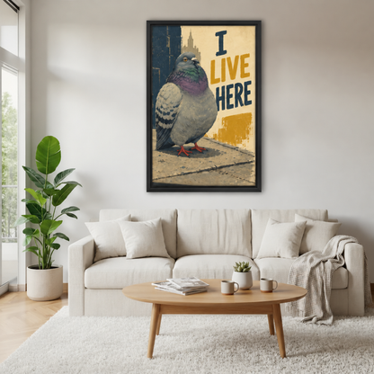 Framed I Live Here pigeon canvas wall art above a cream sofa and oval wooden coffee table.