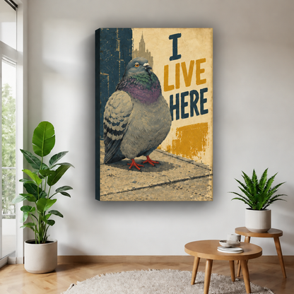 Gallery-wrapped I Live Here pigeon canvas wall art displayed near a bright window, leafy plants, and wooden tables.