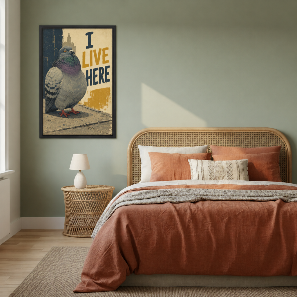 Framed I Live Here pigeon canvas wall art beside a rattan bed with terracotta bedding against a sage wall.