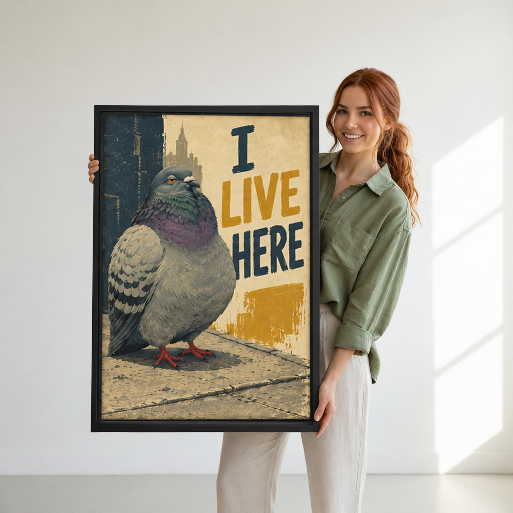 Woman holding black-framed I Live Here pigeon canvas wall art with vintage lettering and a muted city skyline.