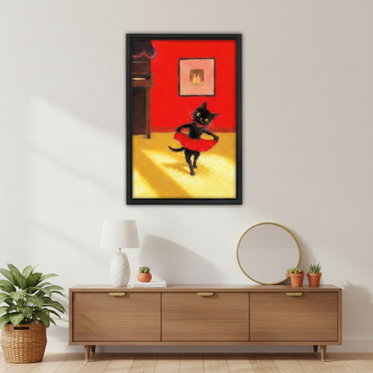 Black cat ballet canvas print displayed above modern sideboard – Liberty Signs wall decor