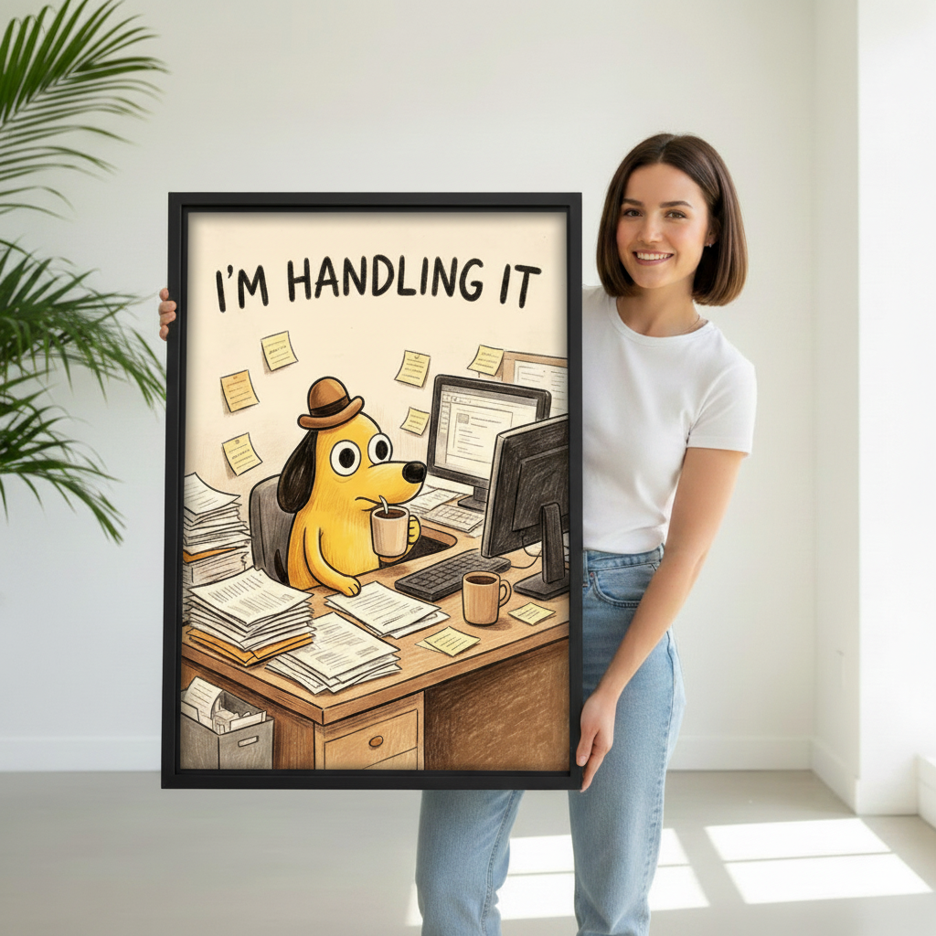 Woman holding a large black-framed funny dog office art print with the text I'm Handling It, showing a chaotic cartoon workspace scene