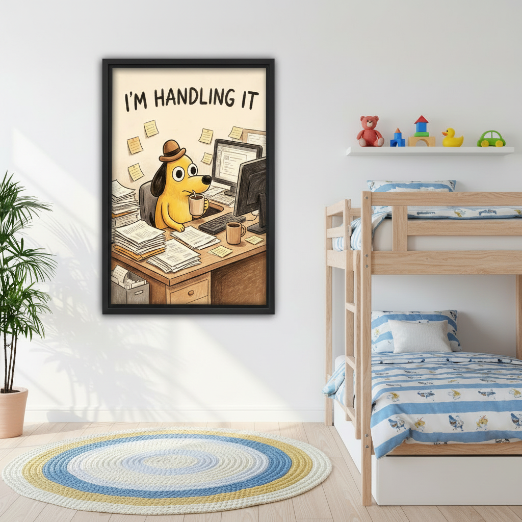 Black framed comic-style dog office wall art with I'm Handling It quote, displayed in a children's bedroom with bunk beds and colorful toys