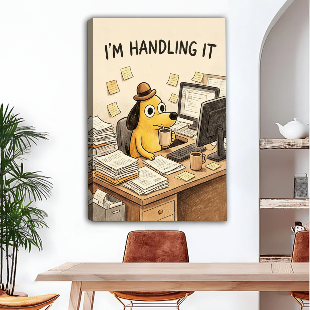 Funny canvas wall art featuring a cartoon dog in a bowler hat working at a chaotic desk with the quote I'm Handling It, displayed frameless in a dining room