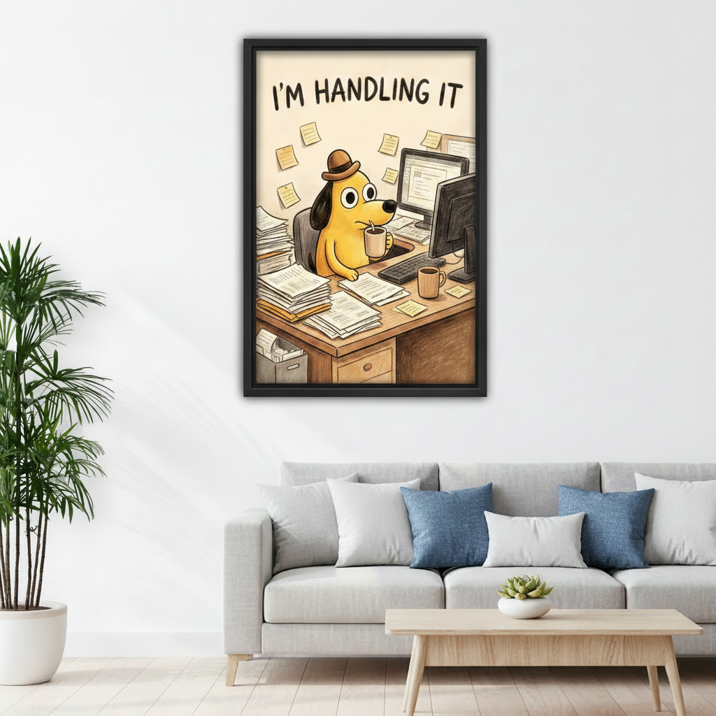 Framed funny dog at desk canvas print hung above a grey sofa in a Scandinavian living room, featuring the I'm Handling It quote and scattered sticky notes