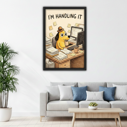 Framed funny dog at desk canvas print hung above a grey sofa in a Scandinavian living room, featuring the I'm Handling It quote and scattered sticky notes