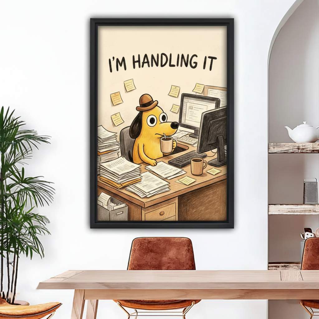 Black framed humorous wall print of a yellow cartoon dog surrounded by papers and sticky notes at a computer desk, hung in a modern dining space