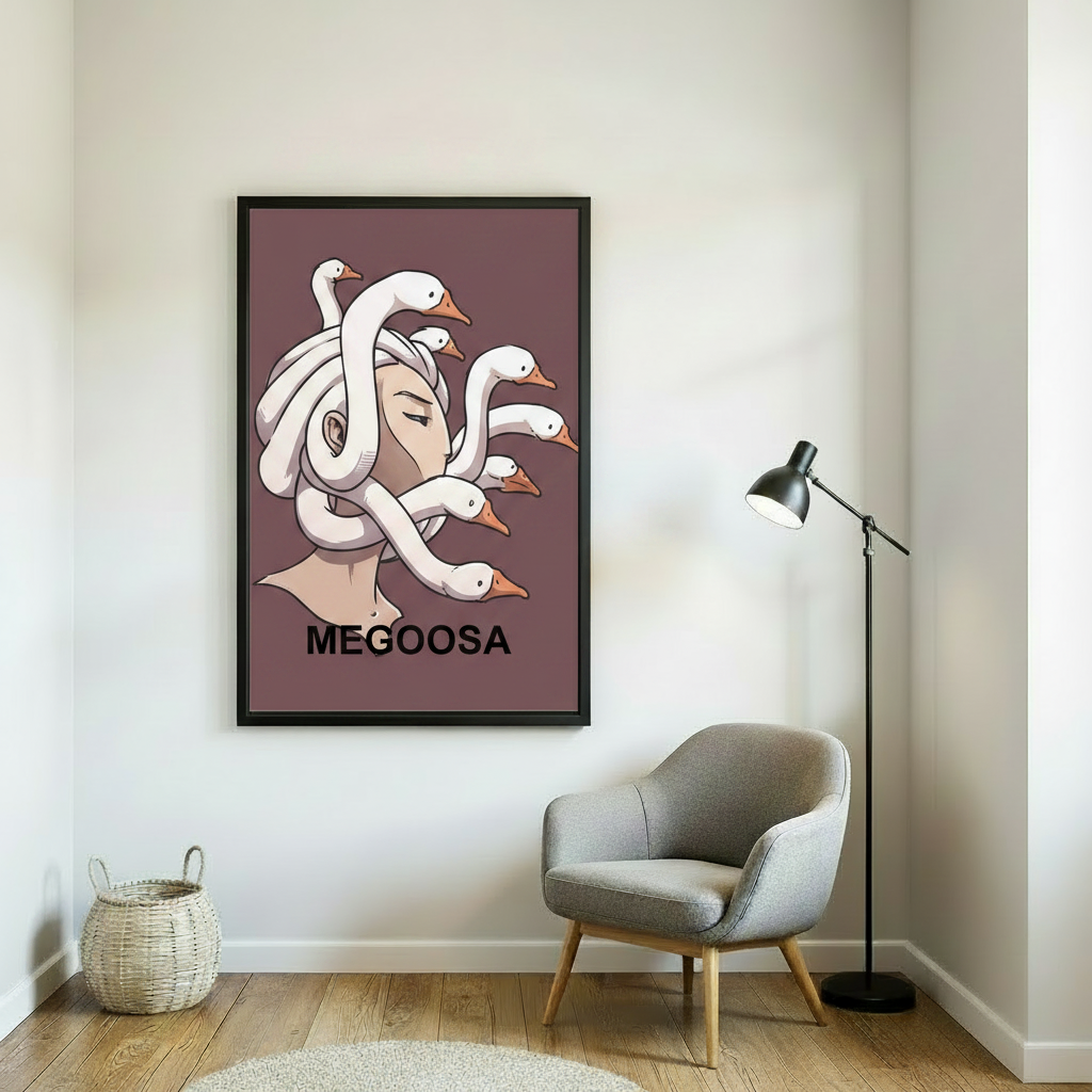 Funny Megoosa goose Medusa canvas print close-up – gallery wrap mythology wall decor for any room