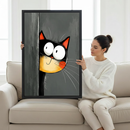 Cartoon black cat peeking from door framed print above wooden stool, wall art