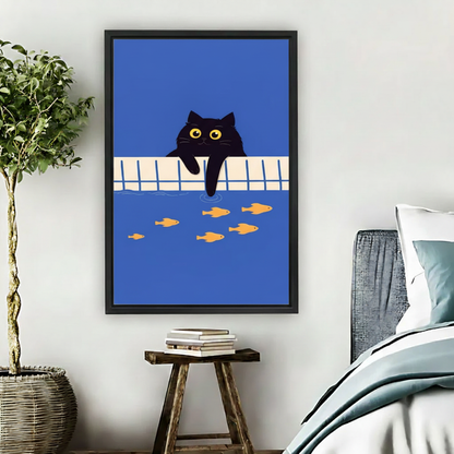 Black Cat Pool Fish Funny Animal Wall Art Print l1974