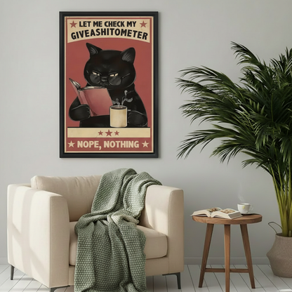 Funny black cat giveashitometer nope nothing vintage wall art print in black frame above cream armchair with sage green knit throw in cozy living room