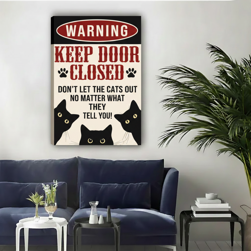 Three peeking black cats keep door closed don't let cats out float frame canvas wall art above navy blue sofa in contemporary living room