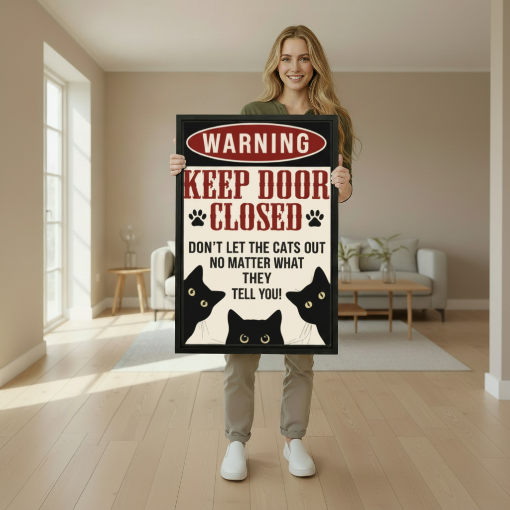 Woman holding large framed warning keep door closed black cat humor art print showing actual print size in bright minimalist living room
