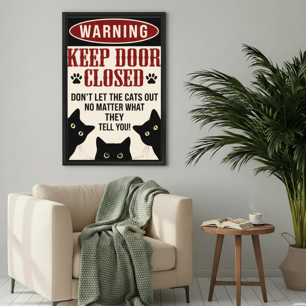 Funny three black cats peeking warning keep door closed wall art print in black frame above cream armchair with sage green knit throw and wooden side table