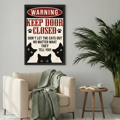 Funny three black cats peeking warning keep door closed wall art print in black frame above cream armchair with sage green knit throw and wooden side table