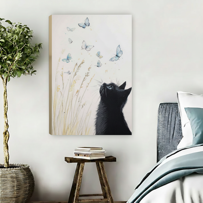 Whimsical black cat gazing at blue butterflies wildgrass float frame canvas wall art beside bed with wooden stool in warm Scandinavian bedroom