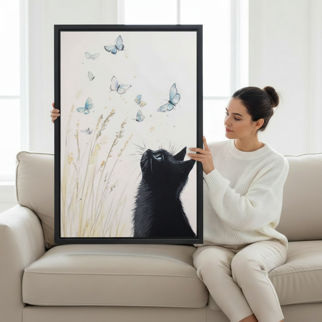 Woman holding large framed black cat and blue butterflies watercolor wall art print in black frame showing actual print size on cream sofa in bright minimalist living room