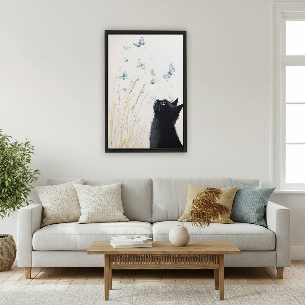 Black cat looking up at blue butterflies nature watercolor wall art print in black frame above light grey sofa with pampas grass vase and rattan coffee table in Scandinavian living room
