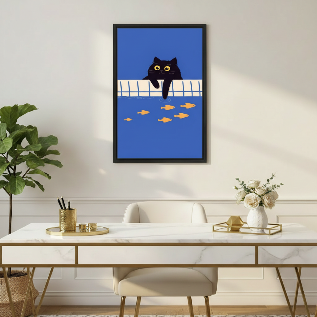 Black Cat Pool Fish Funny Animal Wall Art Print l1974