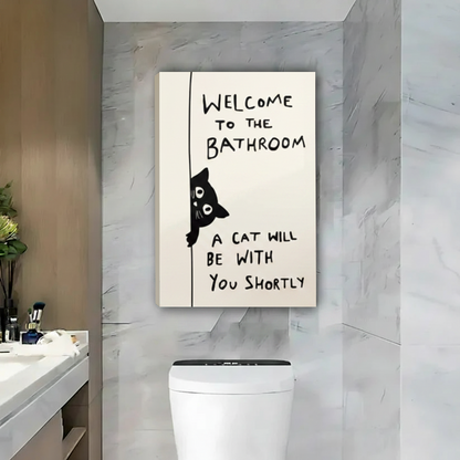 Minimalist black cat bathroom wall art canvas above toilet - Welcome to the Bathroom A Cat Will Be With You Shortly print