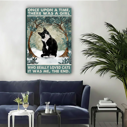 Tuxedo cat forest girl loved cats quote float frame canvas wall art above navy blue sofa with palm plant in contemporary living room