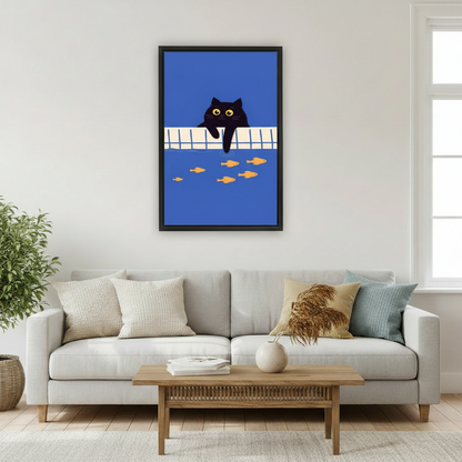 Black Cat Pool Fish Funny Animal Wall Art Print l1974
