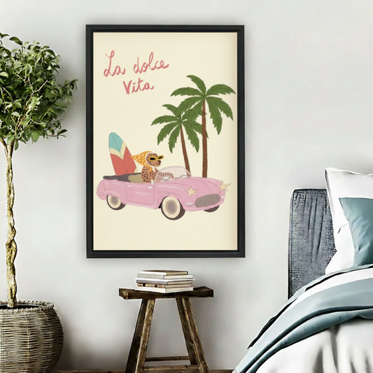 La Dolce Vita Leopard Pink Car Retro Wall Art Print l1975