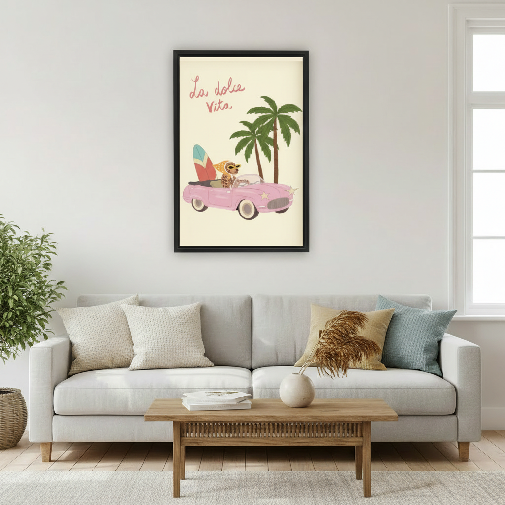 La Dolce Vita Leopard Pink Car Retro Wall Art Print l1975