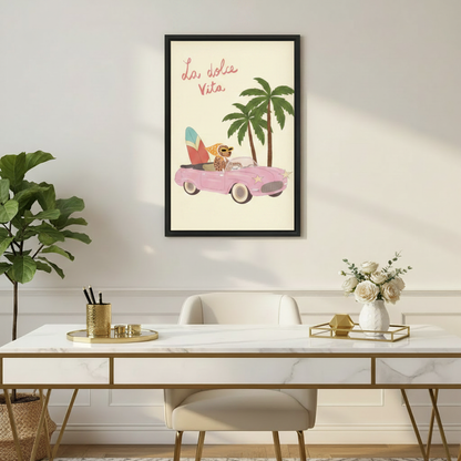 La Dolce Vita Leopard Pink Car Retro Wall Art Print l1975