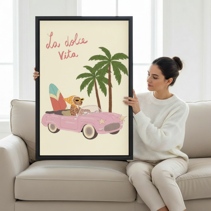 La Dolce Vita Leopard Pink Car Retro Wall Art Print l1975