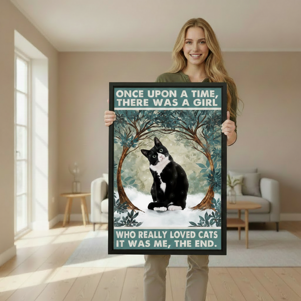 Woman holding large framed once upon a time girl who loved cats tuxedo cat wall art print showing actual print size in bright beige living room