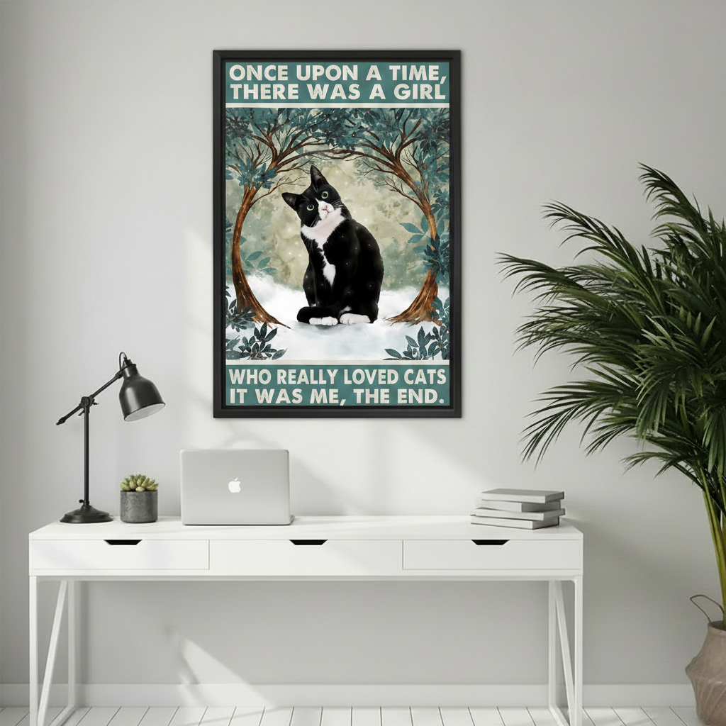 Once upon a time girl who loved cats tuxedo cat forest wall art print in black frame above white desk with laptop and succulent in minimalist home office