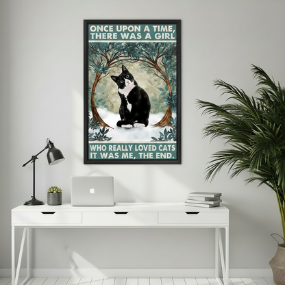 Once upon a time girl who loved cats tuxedo cat forest wall art print in black frame above white desk with laptop and succulent in minimalist home office