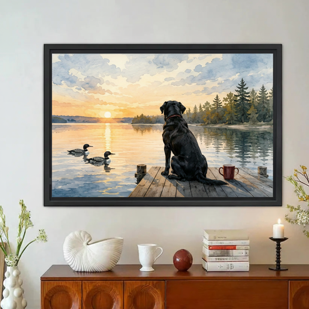 Black Lab on Lake Dock Framed Canvas Wall Art|Liberty Signs#L1943