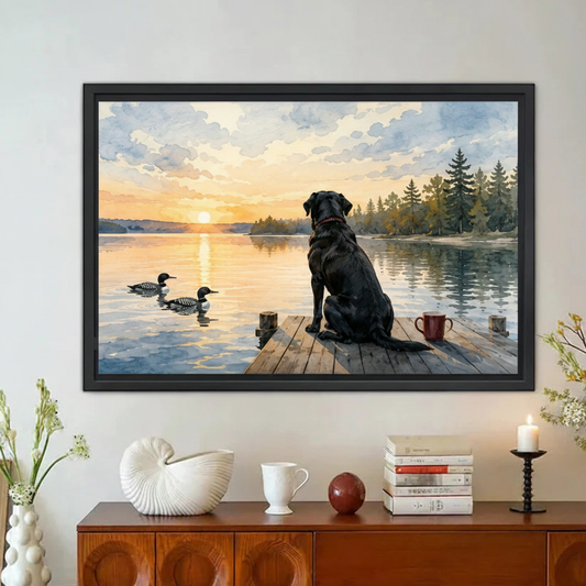 Black Lab on Lake Dock Framed Canvas Wall Art|Liberty Signs#L1943