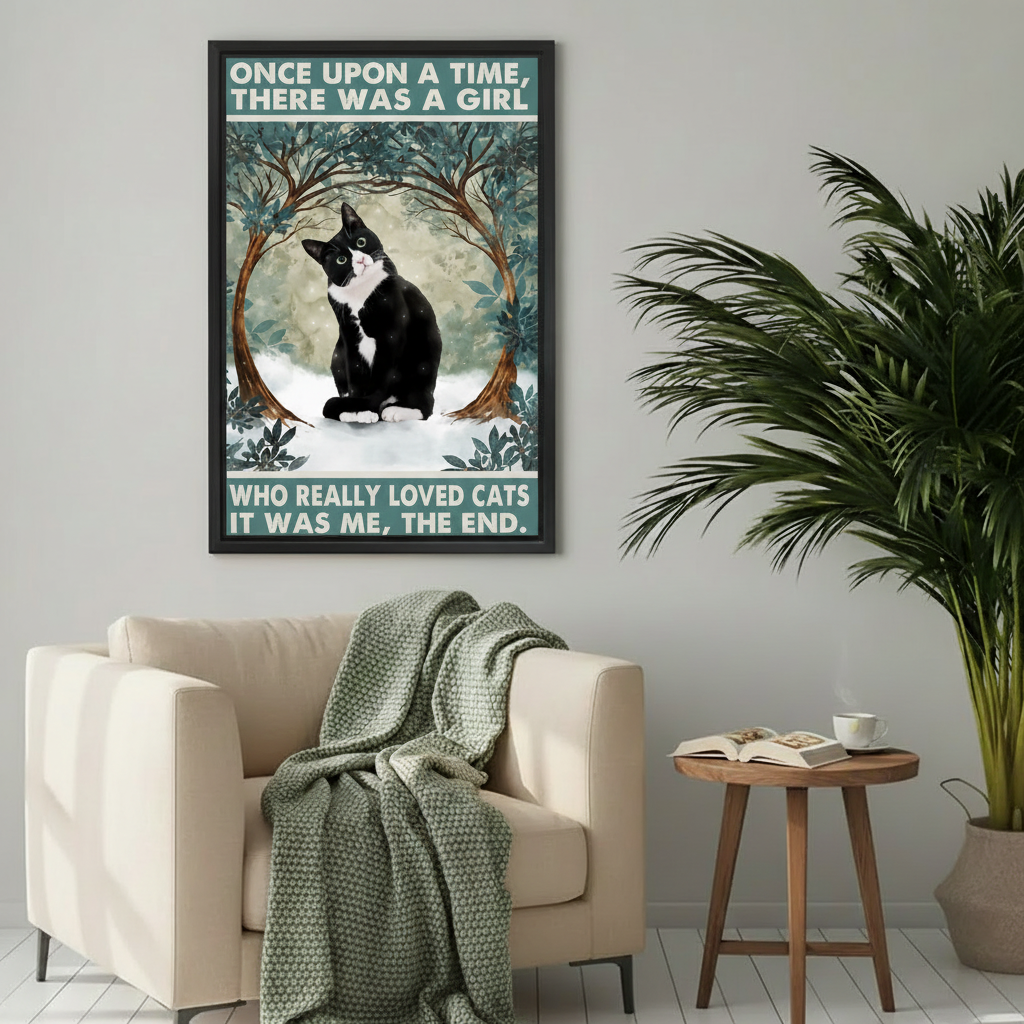 Funny cat lover quote tuxedo cat enchanted forest wall art print in black frame above cream armchair with sage green throw and wooden side table