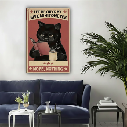 Sarcastic black cat with glasses giveashitometer nope float frame canvas wall art above navy blue sofa in contemporary living room