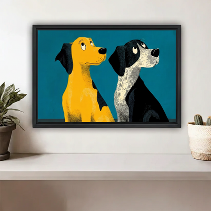 Retro two dogs canvas wall art — golden and black-white dog looking up, teal background, black float frame
