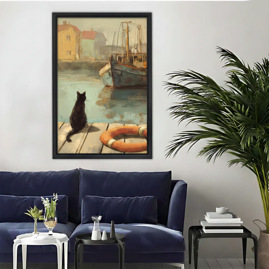 Black Cat on Harbor Dock Vintage Framed Canvas Wall Art|Liberty Signs#L1907