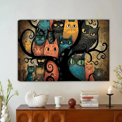 Colorful Cat Tree Vintage Folk Art Framed Canvas Print|Liberty Signs#L1902