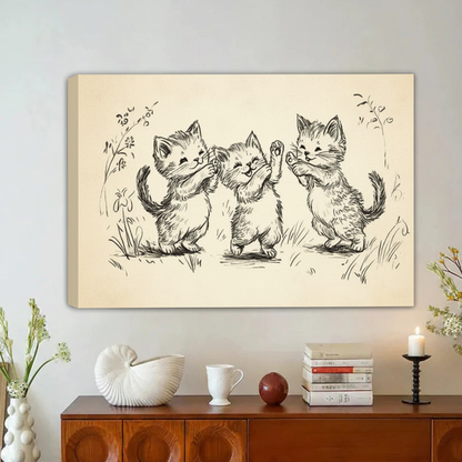 Three Dancing Kittens Vintage Sketch Framed Canvas Wall Art|Liberty Signs#L1832