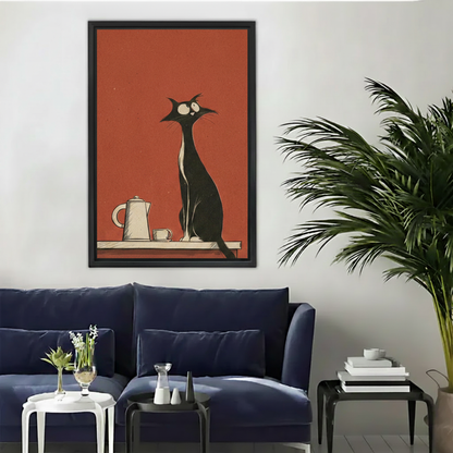 Whimsical black cat sitting on shelf with coffee pot wall art print in black frame above navy blue velvet sofa in modern eclectic living room