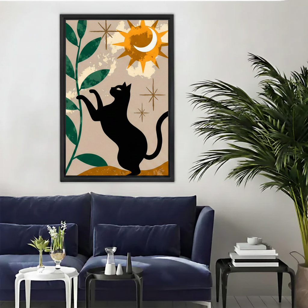 Boho Black Cat Sun Moon Celestial Canvas Wall Art|Liberty Signs#L1810