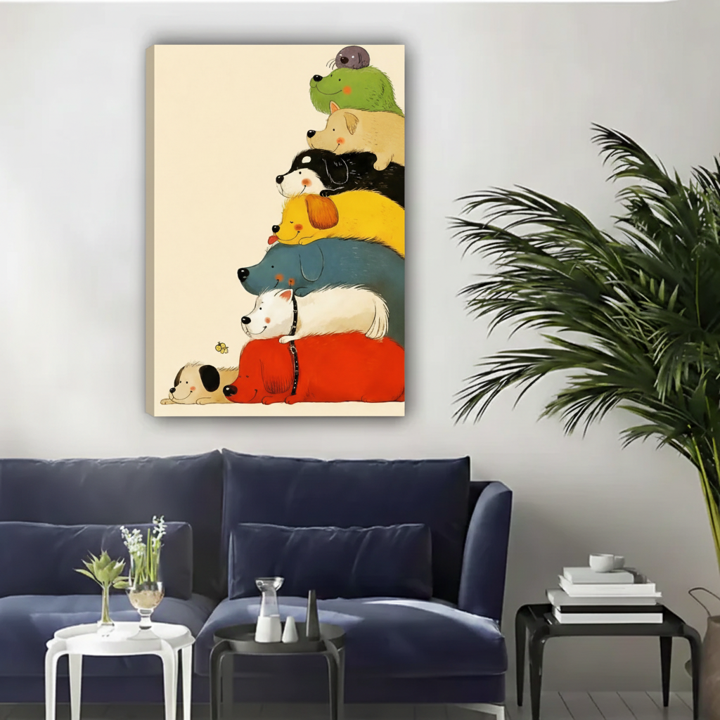 Stacked Dogs Colorful Cartoon Framed Canvas Wall Art|Liberty Signs#L1966