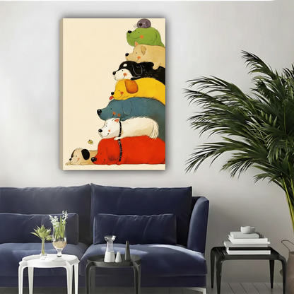 Stacked Dogs Colorful Cartoon Framed Canvas Wall Art|Liberty Signs#L1966
