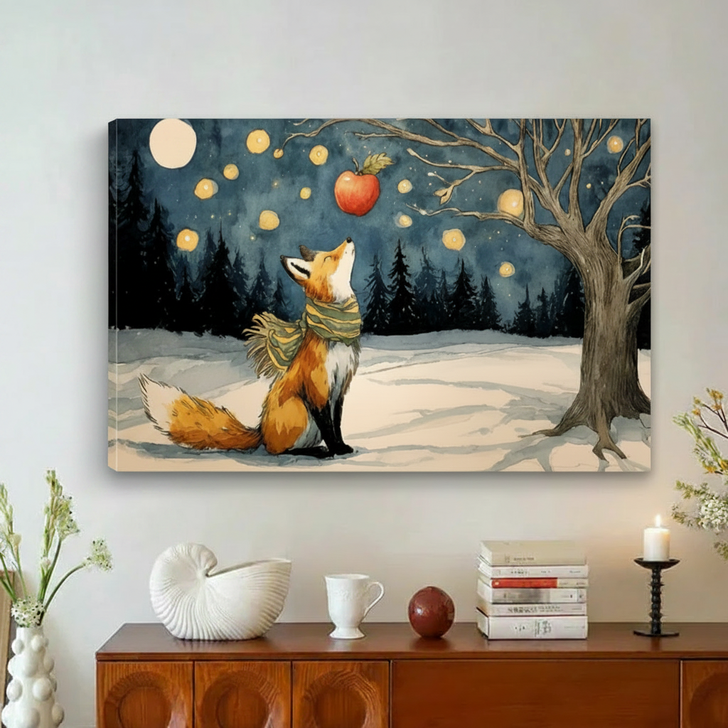Winter Fox Starry Night Whimsical Framed Canvas Wall Art|Liberty Signs#L1945