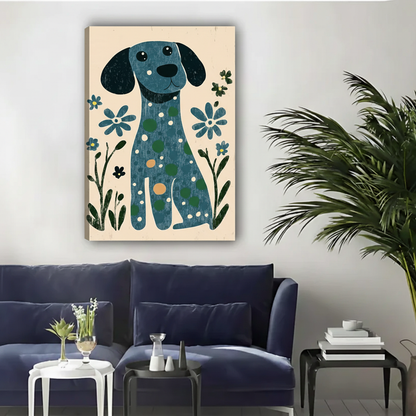 Blue Folk Art Dog Canvas Wall Art — Framed Floral Print|Liberty Signs#L1819