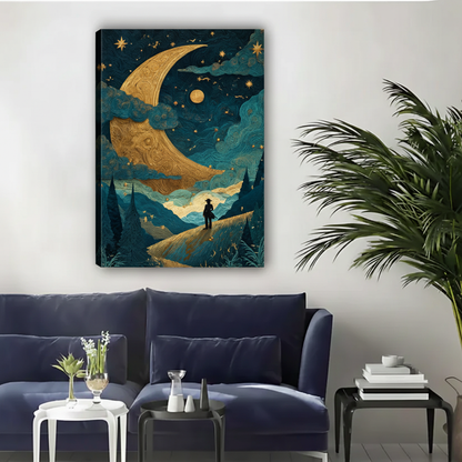 Starry Night Golden Moon Traveler Framed Canvas Wall Art|Liberty Signs#L1921